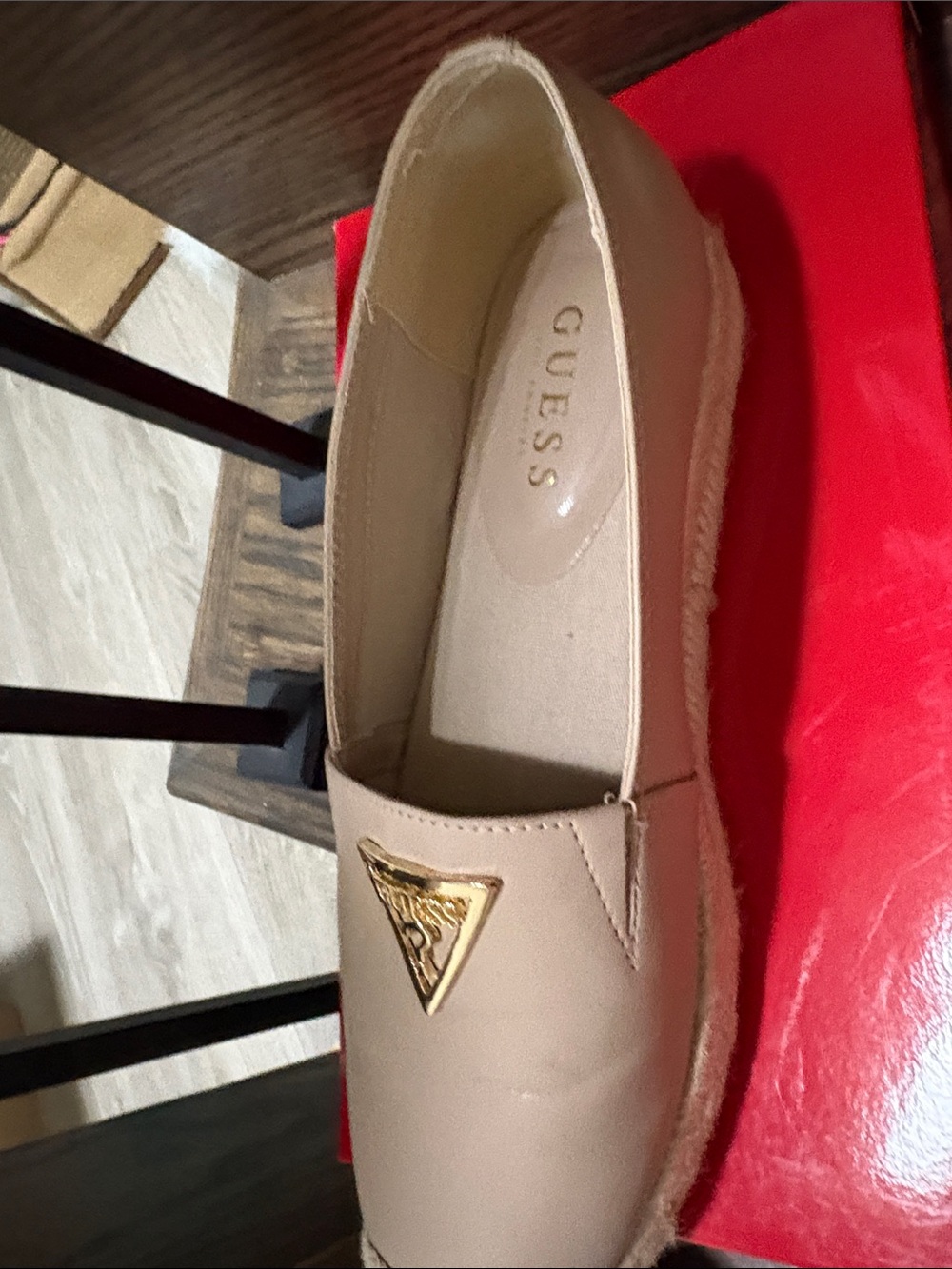 GUESS Beige Slip-On Espadrille Loafer with Gold Emblem